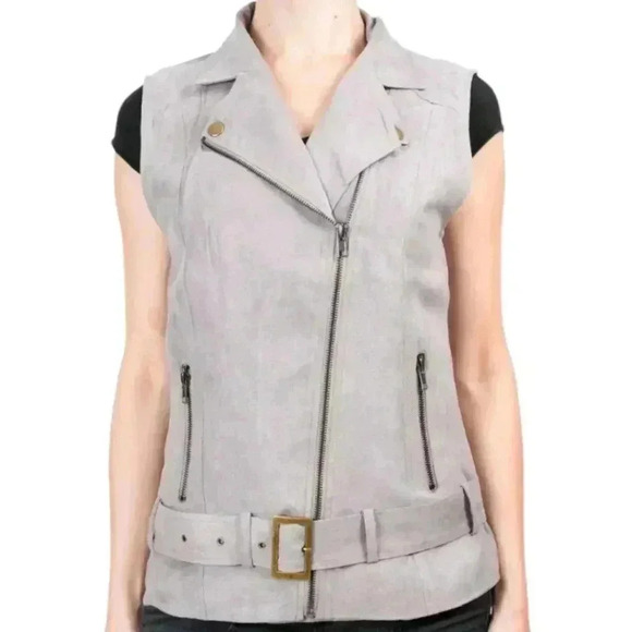 House of Harlow 1960 Stevle Faux Suede Zip Moto Vest Belted Grey Women's Medium - Picture 3 of 11